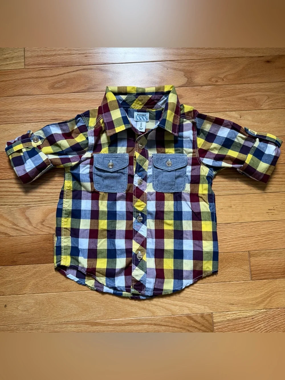 Old Navy Plaid Button-Down Shirt in Yellow, Red & Blue with Chambray Pockets